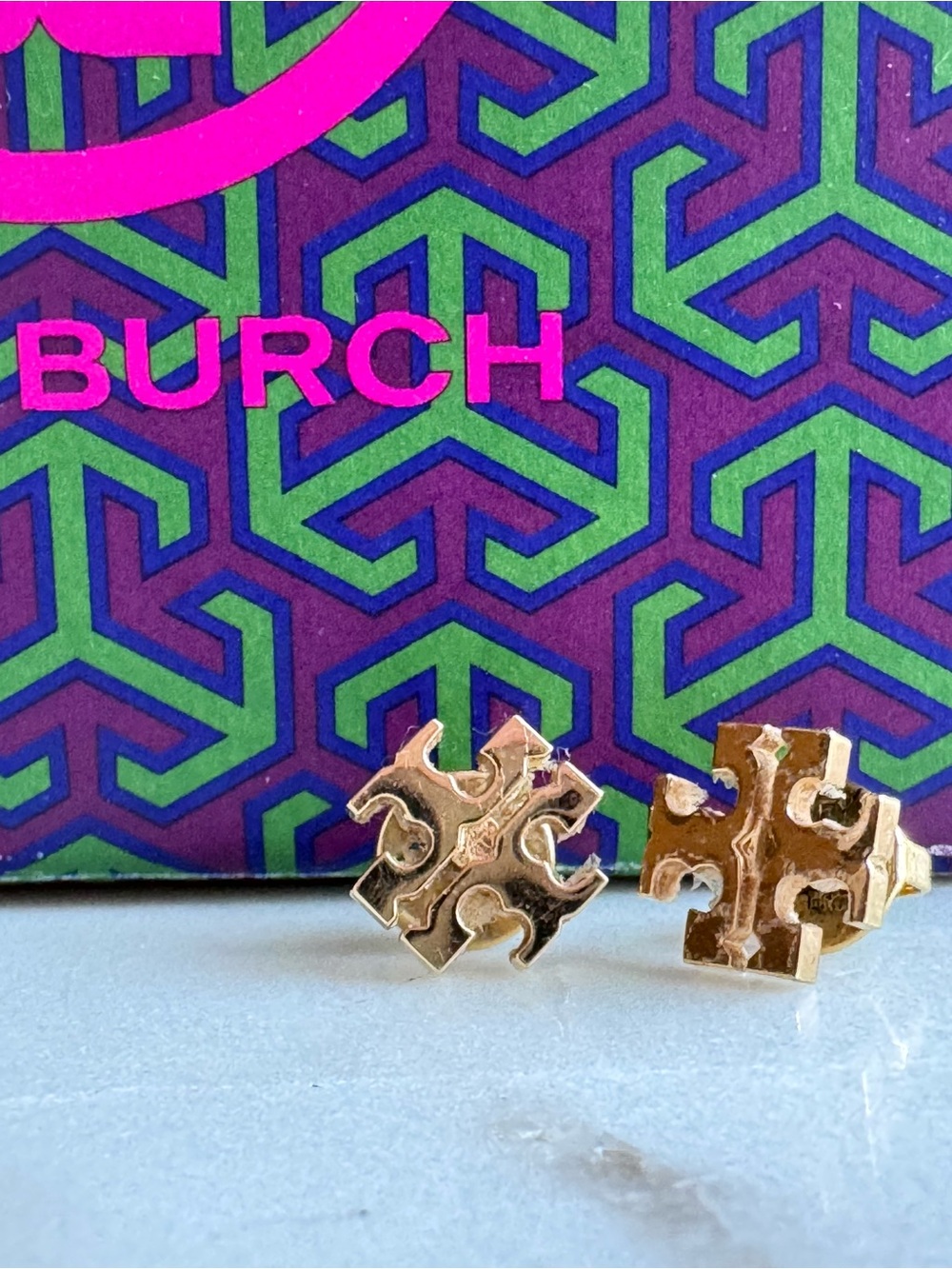 Tory Burch Gold Double-T Earrings with Pink Logo Box